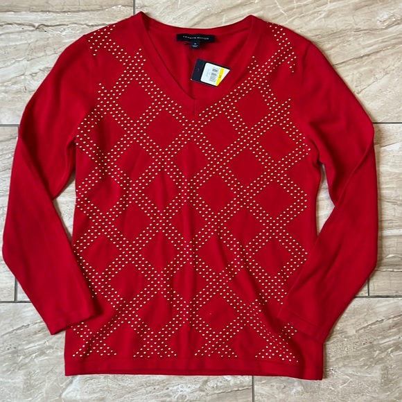 TOMMY HILFIGER Red Stud Embellished V Neck Sweater - Picture 6 of 6
